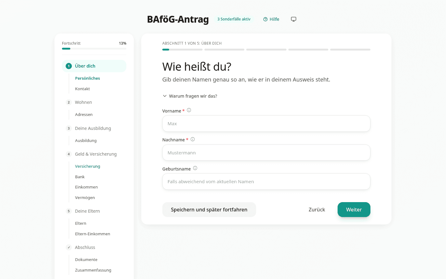 Der geführte BAföG-Antrag: Kapitel-Übersicht links, eine verständliche Frage pro Schritt rechts